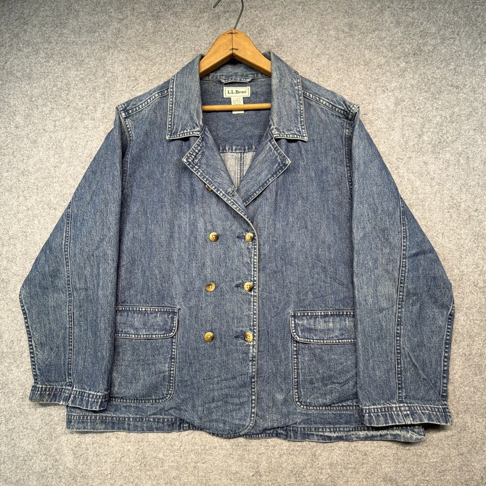 LL Bean Barn Jacket Womens 16 Petite Blue Denim Utility Button Up Chore Coat